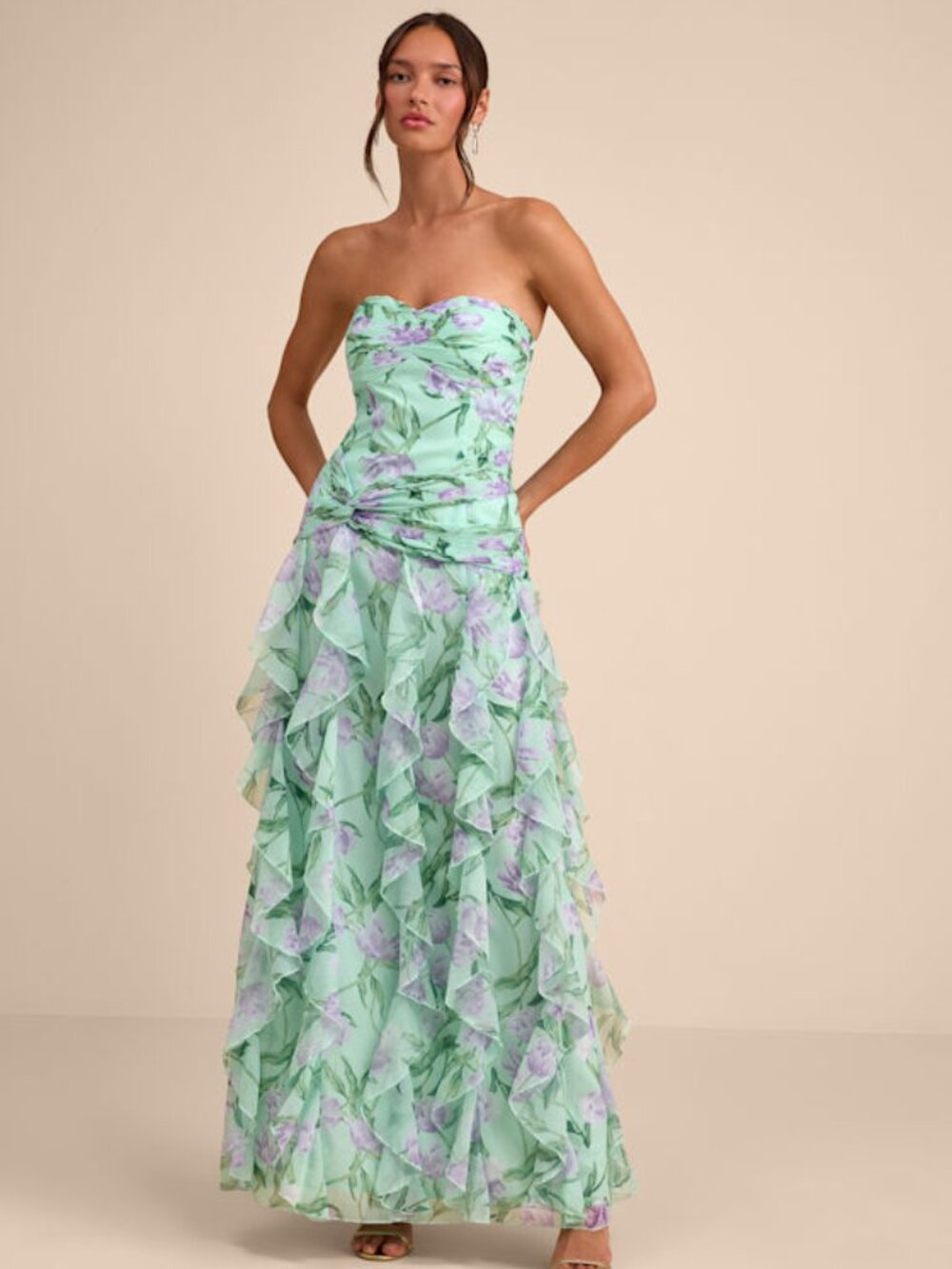 Lulus Danna Mint Multi Floral Ruffled Maxi Dress Green - Size M
